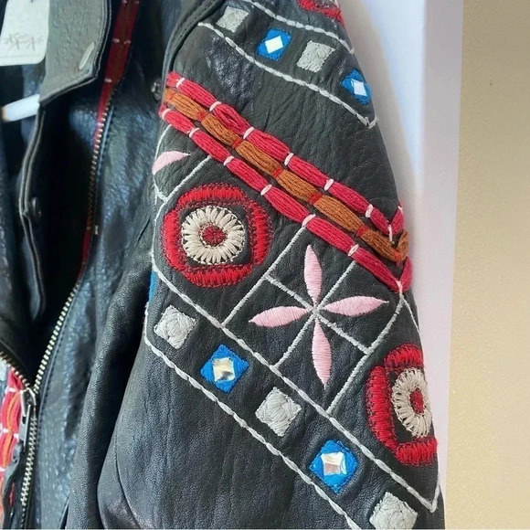 NWT Free People Mari Leather Moto Jacket Embroidered Black - Picture 15 of 17